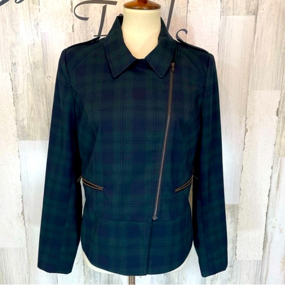 Cabi 3181 Green Navy Tartan Plaid Asymmetrical Moto Zip Up Jacket Sz 8